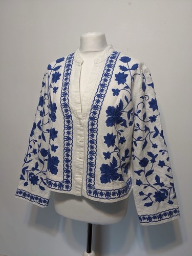 Zara Embroidered Shirt Jacket Floral Linen Blend Size L Large 12 14 - Picture 12 of 14