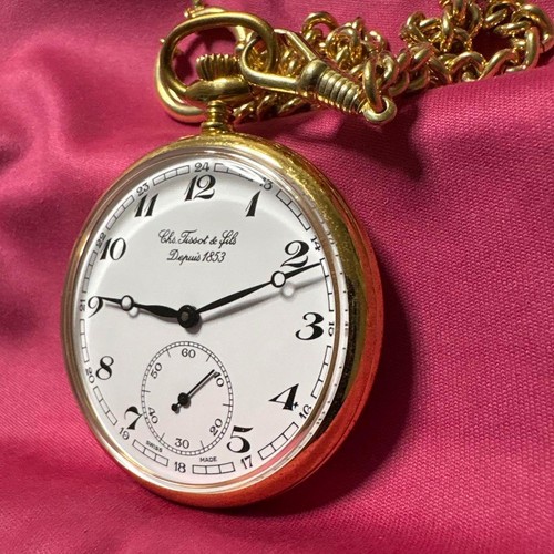 Chas. TISSOT & Fils Gold Pocket Watch with Chain White Dial Vintage - Picture 3 of 4