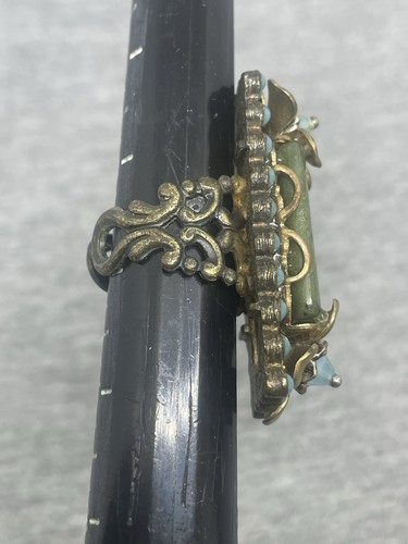 VTG OLLIPOP USA 'Sweet Romance' Bronze Tone Floral Green Stone 5.75 Beaded Ring - Picture 7 of 11