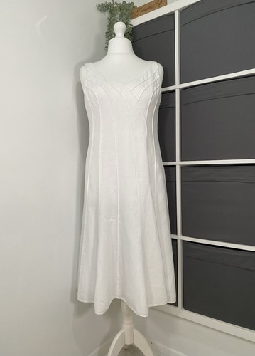 M&S Per Una Linen Midi Dress UK 14 Reg White Lined Trumpet Flare Occasion
