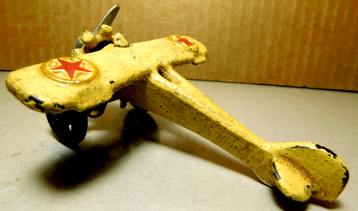 Hubley~Cast Iron Silver, Yellow, &Red Stars Army Plane Vintage 1930s