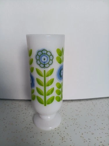 Collectible Vintage Avon Milk Glass Mug Pedestal Mug Blue Flowers MCM Nice Retro