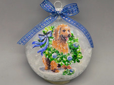 Christmas snow globe style ornament - dog doodle poodle - yellow sitting wreath