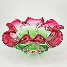 Hand Blown Czech Art Glass Swirled Scallop Watermelon Ashtray Candy Trinket Dish