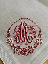 Vgt M Monogram  Burgundy Embroidery White Cotton Batiste Hankie Handkerchief