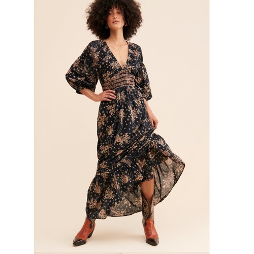 Maxi Vestido Free People Grande Hora Dorada Negro Floral Boho Largo Bruja Encantado - Imagen 1 de 12