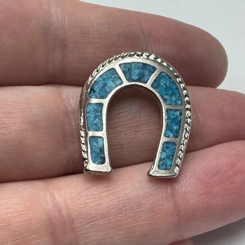 Vintage Horseshoe Lapel Pin 1980s Silver Tone Blue Inlay Lucky Western Souvenir