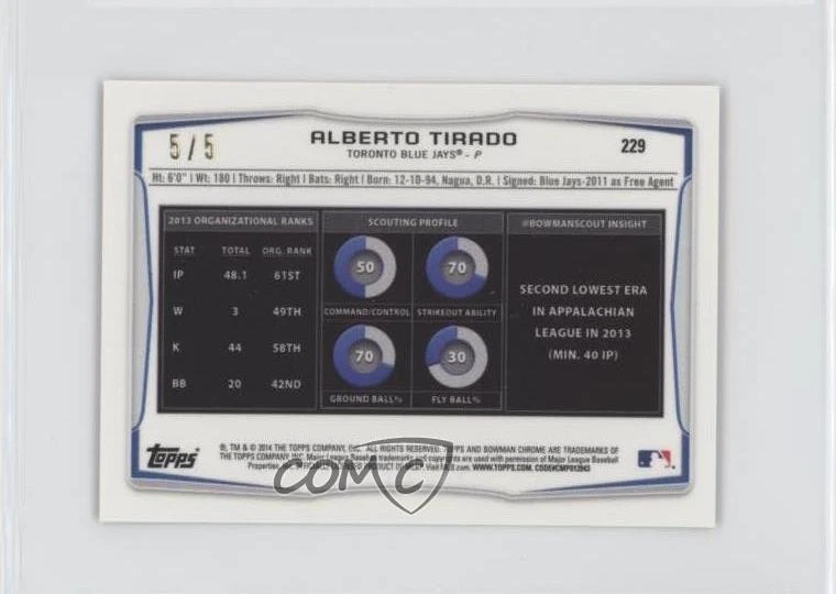 2014 Bowman Chrome Minis Red Refractor /5 Alberto Tirado #229 - Image 2 of 2