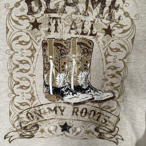 Western Langarm Grafik Pullover L Oberteil Stiefel Blame It All On My Roots Waffel - Bild 4 von 10