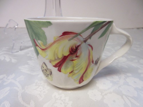 Spode Floral Haven Flat Cup Saucer Set Scalloped Butterflies Tulips Bee England - Picture 12 of 16