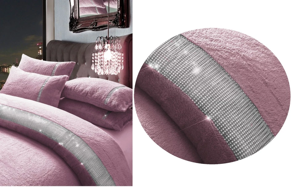 TZ Teddy Fleece Quilt Cover Diamante Lace Winter Bedding Set - Blush Pink Single
