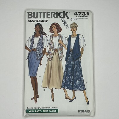 1990 Butterick UNCUT Pattern 4731 Misses Vest Top Skirt Modest Very Easy Sz 6-22