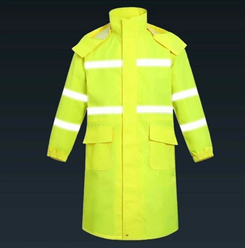 New Safety Long Raincoat Neon Reflective Rain Coat Hooded Jacket
