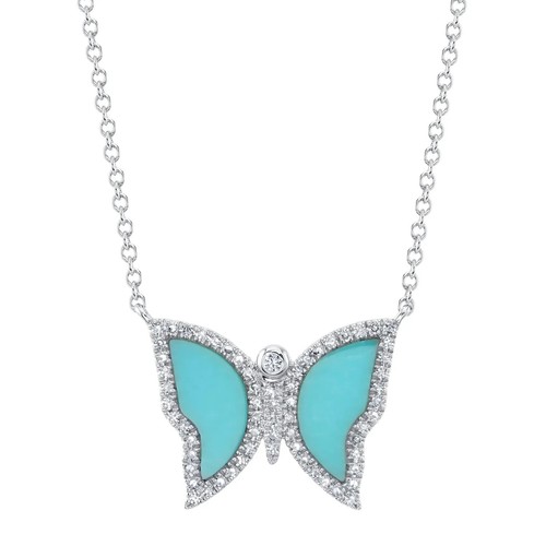 Turquoise Diamond Butterfly Necklace 14K Yellow Gold 1.03 TCW Pendant - Picture 6 of 6