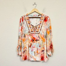 JOHN MARK Tunic Blouse Womens XL Multi Abstract Watercolor Embroidered Bohemian