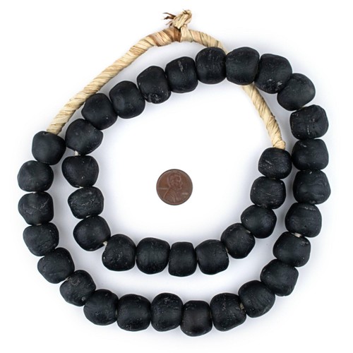 Charcoal Black Recycled Glass Beads 18mm Ghana African Sea Glass Round Handmade - Picture 3 of 3