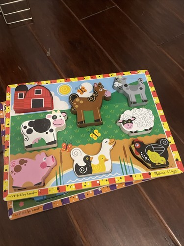 Lot 6 Melissa & Doug Wooden Handcrafted Puzzle With Holder Zoo Farm Pets Tools.. - Picture 5 of 9