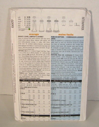 Butterick 6609 Christening Gown, Jumpsuit & Bonnet Infant NB-M Pattern Uncut - Picture 2 of 3