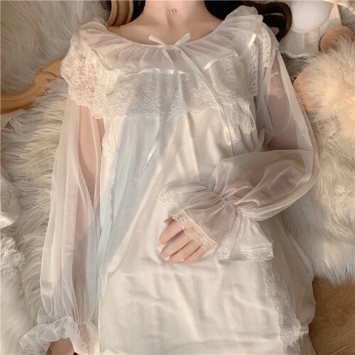 Abito donna Lolita principessa pigiama bianco pizzo rete fata camicia da notte vittoriana - Foto 5 di 19
