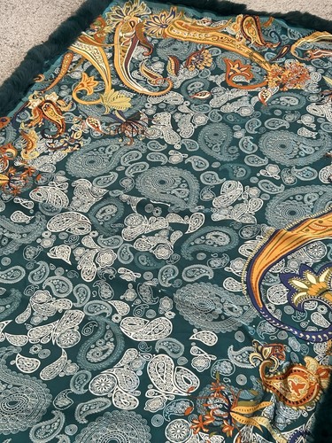 NWT La Fiorentina Oversized Paisley Print Wrap with Faux Rabbit Fur Trim - Green - Picture 5 of 16