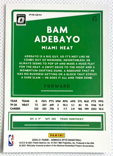 2020-21 Donruss Optic Silver Bam Adebayo Wave Prizm Card #52 NBA Miami Heat - Picture 2 of 2