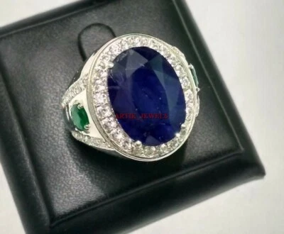 Bague Pour Homme En Argent Sterling 925 Avec Saphir Bleu Et Onyx #5363 - Photo 1/4