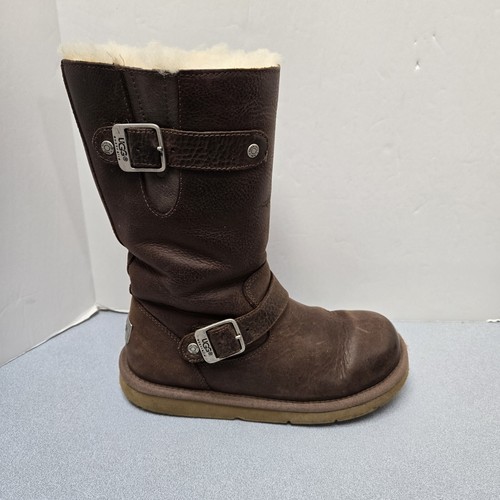 UGG Kensington Brown Leather Sheepskin Sherpa Shearling Lined Boots 5678 Size 6 - Picture 4 of 10