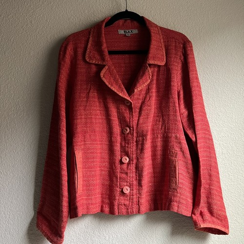 Relaxed FLAX brand Koi Raw Red Orange LINEN lightweight Jacket, size M - Picture 5 of 11