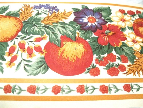 Wallpaper Border Country Kitchen Fruit Flowers Cream Wall Orange Trim EH00152 - Picture 2 of 4