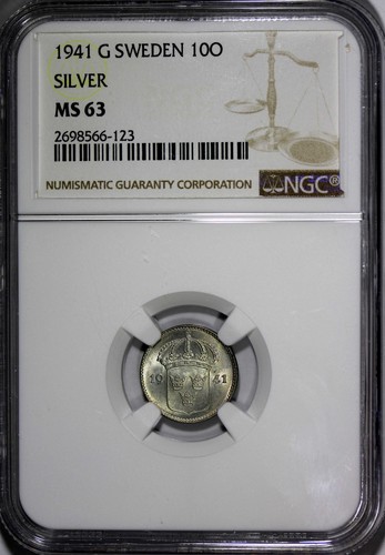 SWEDEN Gustaf V Silver 1941-G 10 Ore NGC MS63 WWII Issue Light Toned KM# 780(23) - Picture 2 of 4
