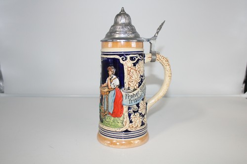 Beer Stein, Germany, Lidded, 9", Froher Sinn u. frischer Trunk, marked, 2350 - 第 1/11 張圖片
