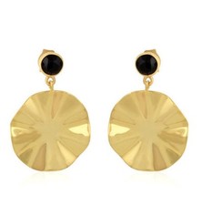 Wavy Disc Designer 18k Gold Plated Black Onyx Gemstone Silver Drop Earrings