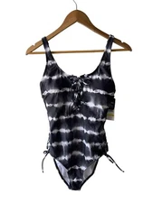 California Waves Size M Tie-Dyed Lace Up One Piece Swimsuit Black White - New