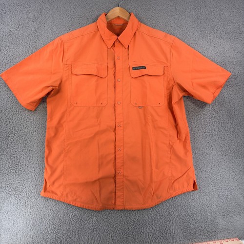 Cabelas Button Up Fishing Shirt Mens Large Orange Short Sleeve Vented Stretch - Picture 2 of 13