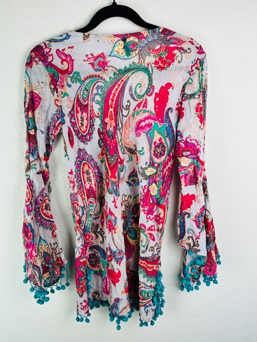 Z&L Europe Paisley Boho Tunic Top Pink Pom Pom Trim Festival Peasant Style - Picture 2 of 8