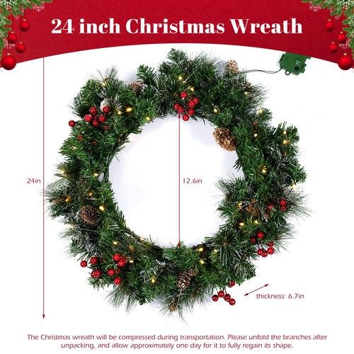 24 Zoll Pre-Lit Outdoor Weihnachtskranz mit 50 LED Lichtern Batteriebetrieben Xmas - Bild 2 von 8