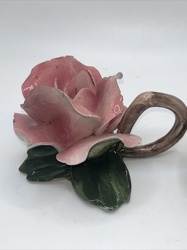 VTG pair Capodimonte PINK ROSE CANDLE HOLDERS Figurine Handle Candlestick Italy - Picture 3 of 13