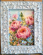 FORGET-ME-NOT and ROSES ORIGINAL OIL impasto Painting   7"x 5" by Olga Diduh.