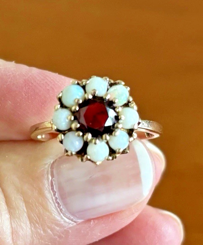 Vintage 12k Yellow Gold Sphere Opal Garnet Ring READ