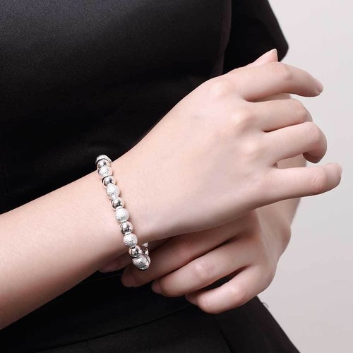 Silver 8MM Frosted Plain Ball Beaded Charm Bracelet Chain - Picture 2 of 9