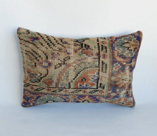 Turkish Rug Pillow Cover, 16x24 Vintage Rug  Pillowcase,Ethnic Handmade Cushion - Picture 1 of 9
