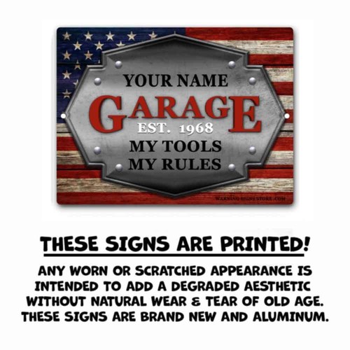 Personalized American Flag Garage Mechanic Sign Weathered Wood Custom Metal Sign - Picture 2 of 9