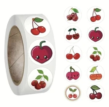500 pc Sticker Seals Roll Cute Cartoon Cherry Semi Gloss Round Self Adhesive NEW