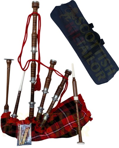 Highland Rosewood Bagpipe For Sale Natural Finish With Clan Cunningham Tartan - Picture 4 of 5