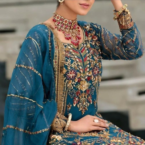 Asian Indian Pakistani Party Wear Wedding Maxi Dress Shalwar Kameez - Picture 3 of 7