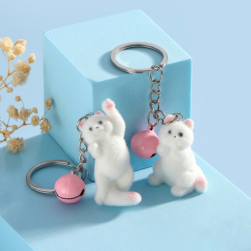 3D Flocking White Cat Keychain populaire Cartoon Plush Animal Keyring Bag Pendant