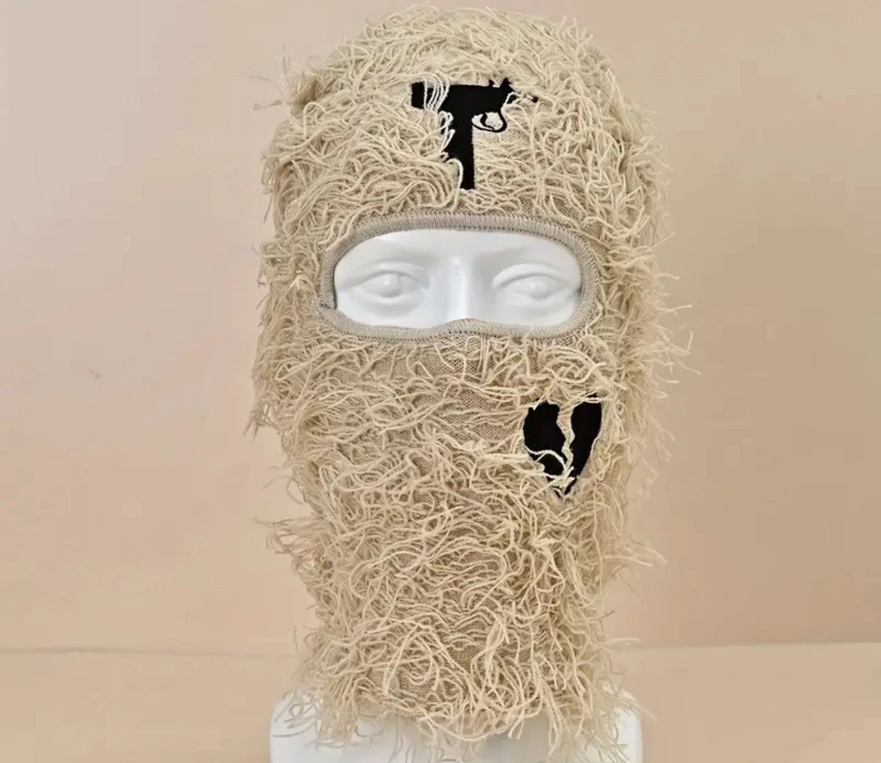 Balaclava Full Face Mask Ski Mask Winter With Uzi And Broken Hearts Khaki Tan