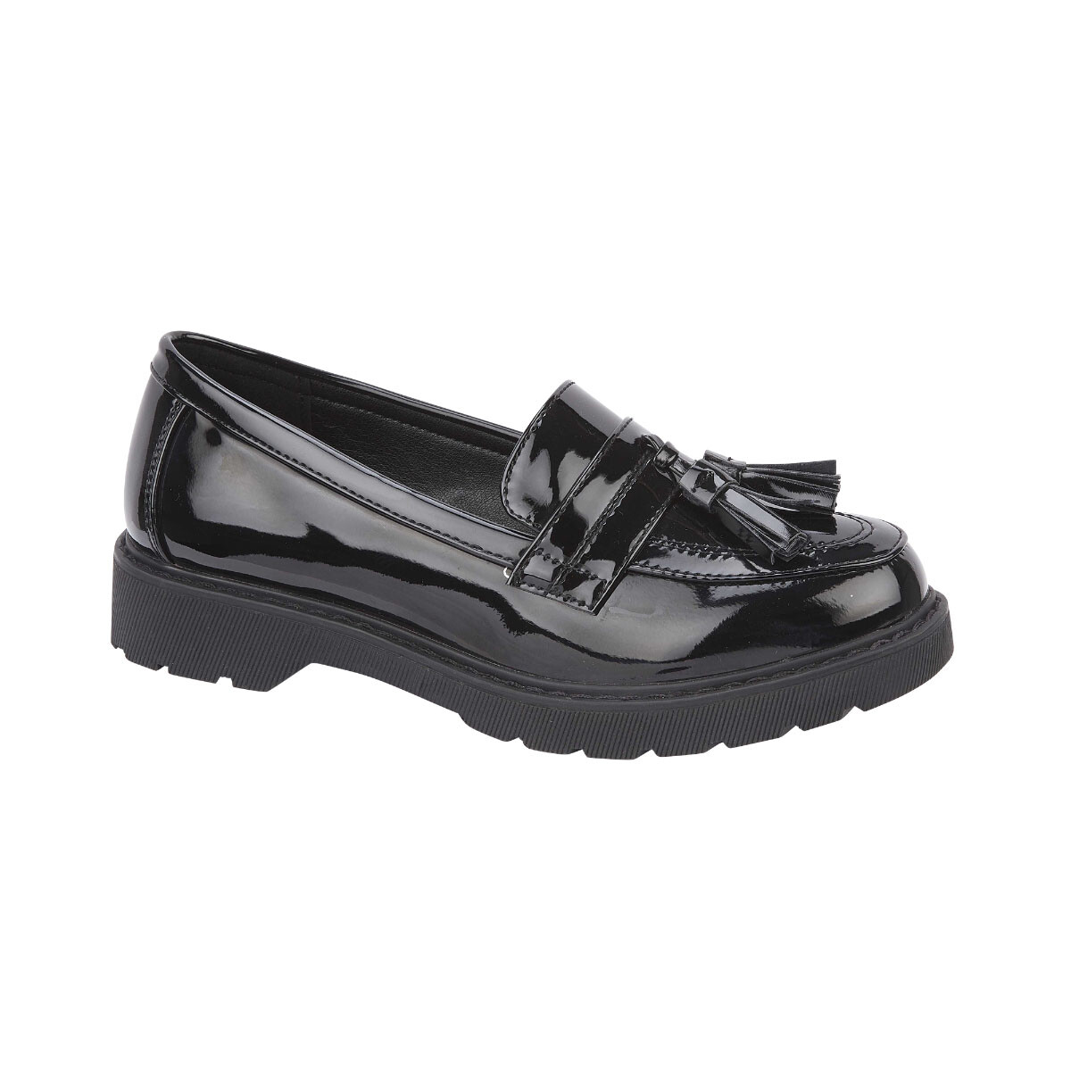 GIRLS BLACK SCHOOL SHOES KIDS TASSEL SLIP ON LOAFERS TEENS SHOE UK SIZE 13-5