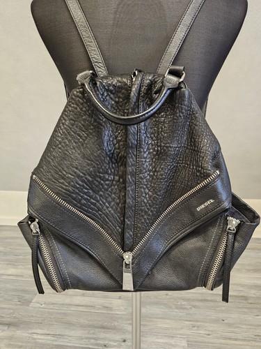 Diesel Rucksack Schwarz Silber Leder Zip Reißverschluss Tasche