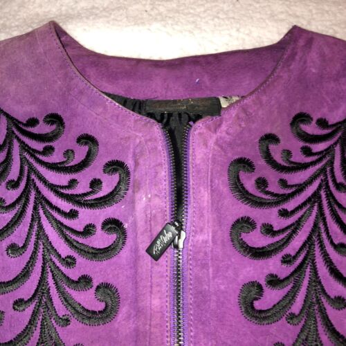 EMBROIDERED SUEDE PURPLE JACKET SZ S KNIT SLEEVES WEARABLE ART BOB MACKIE - Picture 4 of 4
